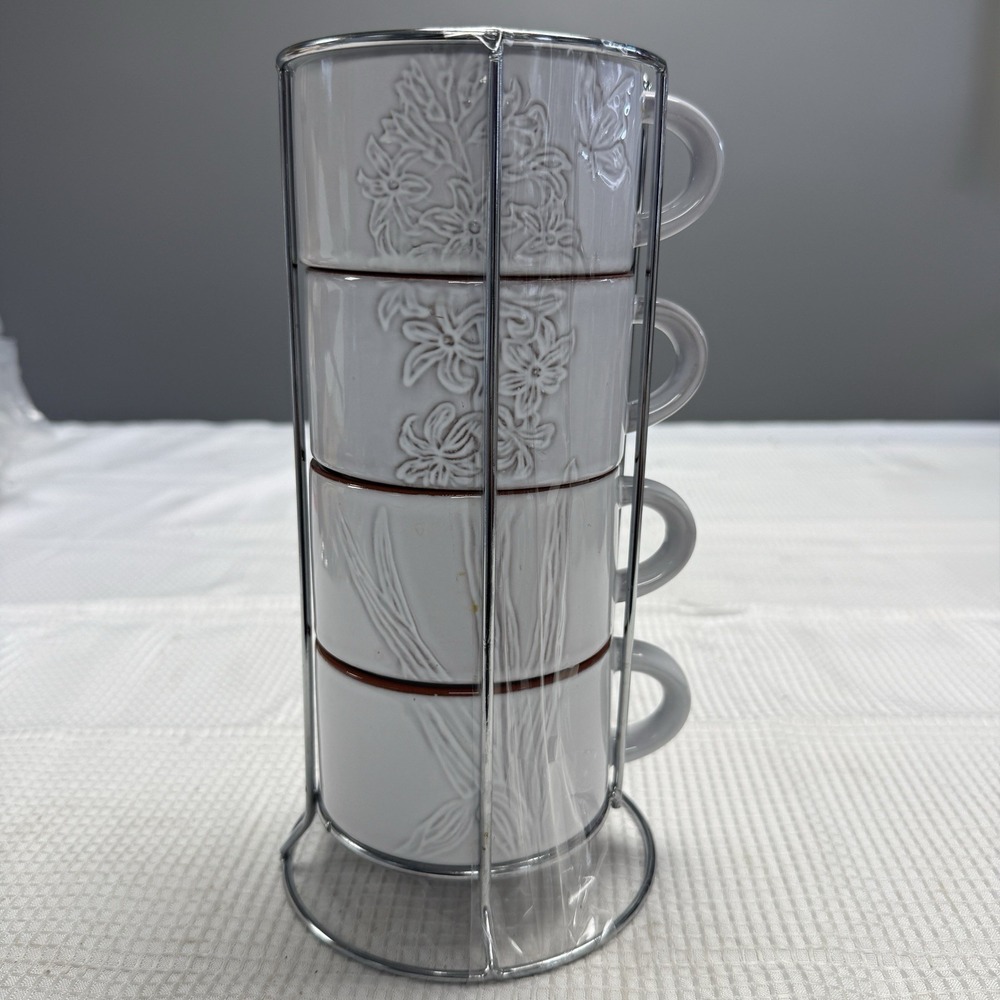 Pier 1 Imports‎ Terracotta White Floral Coffee Mug 4 Cups Set Stacking Stand